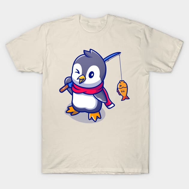 Cute Penguin Fishing Cartoon T-Shirt by Catalyst Labs